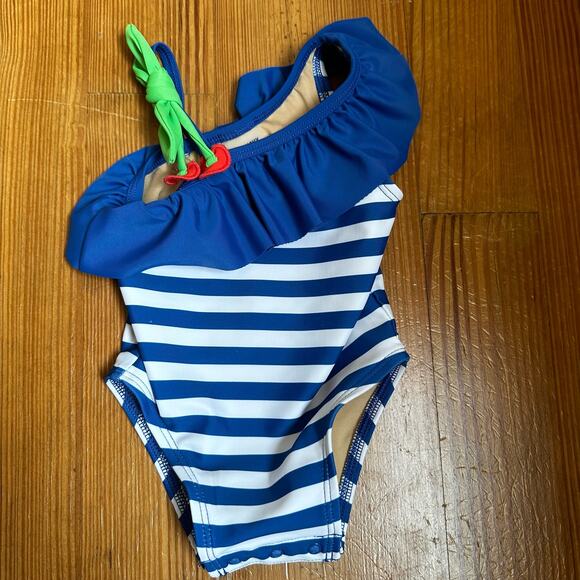 Old Navy white blue striped cherry ruffle one piece swimsuit SIZE 0-3M - Picture 1 of 4